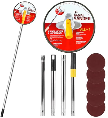 JDHUIOO Pole Sander for Drywall, Wall Sander with Extension Pole, 360° Rotation Radial Sanding Pole with 5 Sanding Sheets, Handheld Drywall Pole Sander for Wall Cleaning Smoothing Polishing