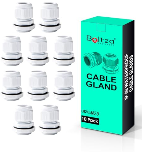 Boltza® White Nylon Cable Gland, 10 Pack (M25) | IP68 Waterproof Cable Connector, Electrical Enclosures, Junction Boxes, Outdoor Use, Conduit Gland