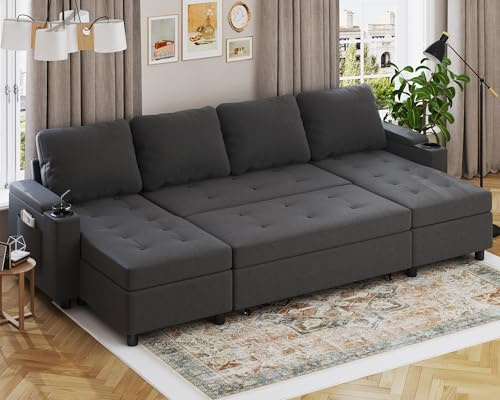Devoko Cornor Sofa Bed U-Shaped Sofa with Storage Pull out Convertible Sleeper Sofa Beds 4 Seater Sectional Sofa Couch Bed Settee for Living Room,Bedroom,Grey