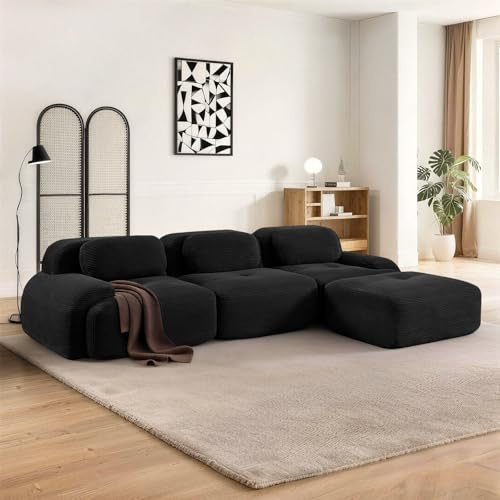 SoarFlash Modernes modulares Sofa, Kordtstoff-Oberfläche, Tiefe Sitzfläche + breite Armlehnen, werkfertig, 3-Sitzer Ecksofa, Schwarz