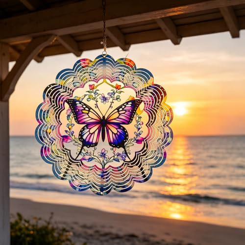 Windspiel Garten Schmetterling, Farbenfrohes 3D Windspiele für Draußen Hängend, 360° Windbetriebene Wind Spinner, Schmetterlings Garten Ornamente für Außen Balkon（30cm）