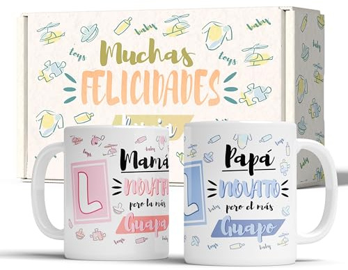 LINFORMAL | Confezione da 2 tazze Mamma e Papà Novat@s | Regalo Gravidanza e Mamma Prima | Tazze Colazione per i Primi Genitori | Regalo Originale Prima Festa del Papà | 350 ml x2