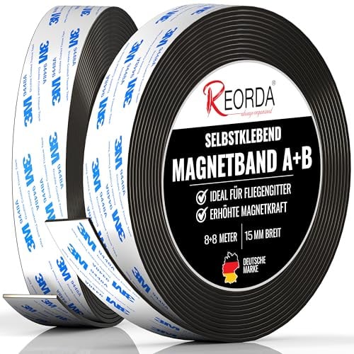 REORDA® Magnetband A B (EXTRA STARKER 3M KLEBER) 8+8 m I Selbstklebender Magnetstreifen für Fliegengitter & Moskitonetze für beste gegenseitige Anziehung - Magnetband selbstklebend