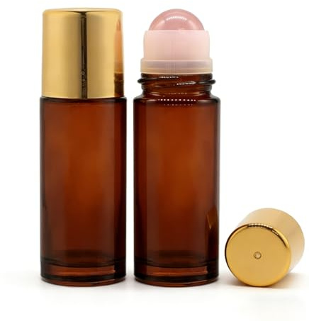 Parfumlism 2 pack 50ml Large Amber Glass Roll on Bottles with Natural Crystal Roller Balls for Essential Oils, Refillable Empty Deodorant Containers for Travel (Rose Quartz)