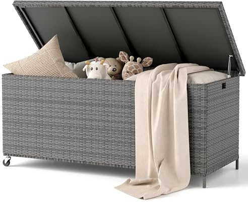 Amopatio 480 Liter Gartenbox Auflagenbox wasserdicht, Kissenbox Outdoor aus Polyrattan, Aufbewahrungsbox Metall mit Rollen & Gasdruckfedern, Gartenkiste wetterfest für Garten, Balkon (Grau)
