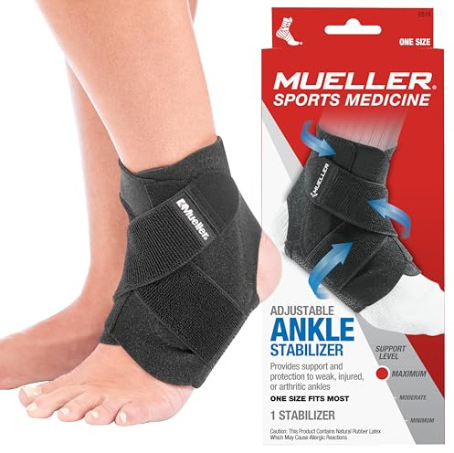 MUELLER Sports Medicine Adjustable Ankle Brace for Men and Women, Ankle Stabilizer for Compression and Pain Relief Support, Ideal for Sprains, Strains, Arthritis, Black, One Size