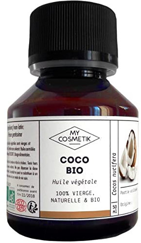 MY COSMETIK - Huile végétale de Coco - BIO AB Issue de l'agriculture Biologique - 100% pure et naturelle - Fabriqué en France - Soin des cheveux - 50 ml