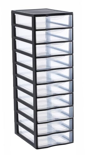 SUNDIS Orgamix, schubladenbox aus Kunststoff, 10 transparente Schubladen im A4-Papierformat, Höhe 81,5 cm, ideal zur Aufbewahrung von Büchern, Kursen, Dokumenten, Zubehör, Accessoires