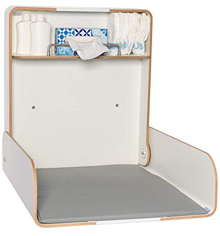 KEMMLIT Toledo Wickeltisch/ Timkid Kawaform- klappbar platzsparend, Wandwickeltisch inkl. grauer Wickelauflage bzw. Wickelunterlage, Farbe weiß, Wandwickelregal für öffentl. & priv. Bereich, TÜV, Wickelstation aus Formholz … (Weiß)