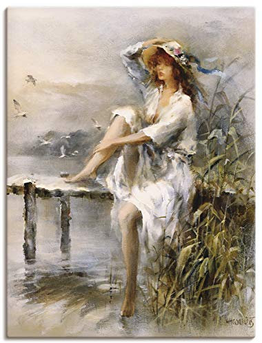 ARTLAND Wanddeko Leinwand Bilder Wandbild 60x80 cm Frau Natur See Landschaft Steg Gräser Landhaus Kunst Malerei L0HM