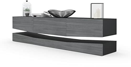 Vladon Lowboard City, Made in Germany, TV-Kommode mit Sockelelement, 1 offenem Fach und 3 Schubkästen, Schwarz matt/Avola-Anthrazit (178 x variabel x 39 cm)