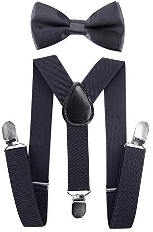 axy Hochwertige Kinder Hosenträger-Y Form mit Fliege- 3 Clips EXTRA STARK-Uni Farben (Dunkelgrau)
