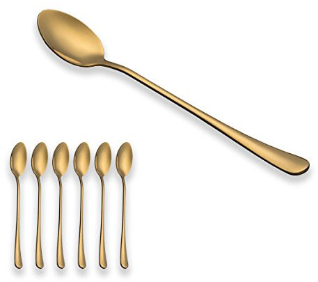 Berglander - Cuchara de latón con mango largo, oro, 18/0 Cuchara de helado, cuchara con latte, cóctel, cucharas de agitación, paquete de 6