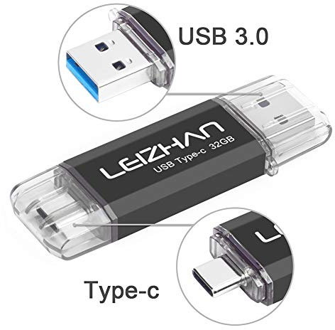 LEIZHAN Memoria USB Tipo C 32GB,Flash Drive USB 3.0 OTG para Samsung S9,Huawei,Portátil,Teléfono y Otras Dispositivos USB o Tipo C-Negro