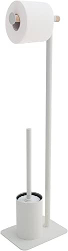Sealskin Brix Stand WC-Garnitur mit Toilettenpapierhalter und Toilettenbürste, Toilettenbutler aus einer stilvollen Kombination aus Metall und Holz, Farbe: Weiß / Eiche