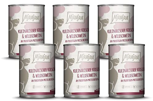 MjAMjAM - Premium Nassfutter für Hunde - kulinarischer Hirsch & Wildschwein an Preiselbeeren, 6er Pack (6 x 400 g), getreidefrei mit extra viel Fleisch