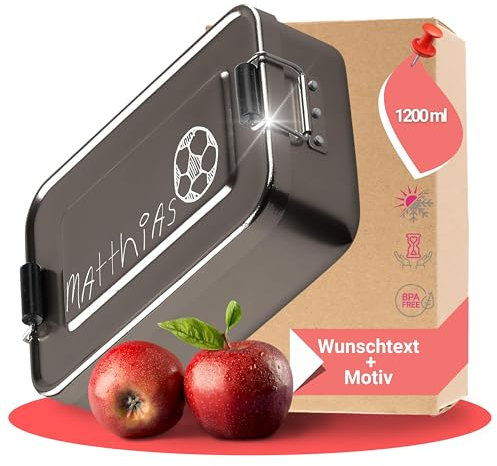 Personalisierte Brotdose mit Name aus Aluminium – BPA-freie Brotbox mit Gravur für Kindergarten, Schule & Ausflüge (17x12x5 cm | Anthrazit Fußball)