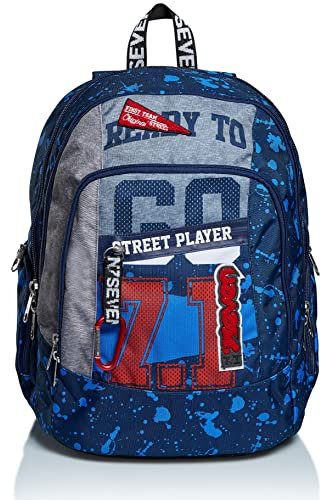 Seven Rucksack, Backpack für Schule, Uni & Freizeit, Geräumige Schultasche für Teenager, Mädchen, Jungen, Gepolsterter Schulranzen; mit Laptopfach& USB-Anschluss; Advanced Street Player, dunkelblau