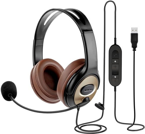 Over Ear USB Headset with Microphone for PC Laptop with Mic Mute Volume Controller for Dragon Dictation, Wired USB-A Headphone for Office Work Skype Zoom Teams Conference Calls