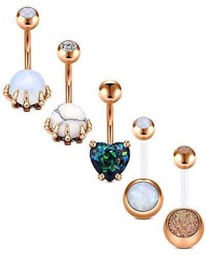 D.Bella Bauchnabelpiercings Bauchnabelringe Baumeln Chirurgenstahl Herzform Opal Zirkonia Curved Piercing Schmuck 14G Barbells