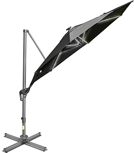 Outsunny Ombrellone a Braccio per Esterno, Giardino o Terrazza con Luci a LED e Angolazione Regolabile, Ø3x2.5A m, Grigio