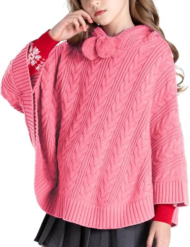 BOBOYOYO Poncho mit Kapuze für Mädchen, Schalpullover, für Kinder von 3 bis 12 Jahren