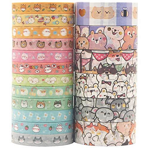 YUBX Cute Washi Tape Set 18 Rolls Gold Embellishment Kawaii Decorative Masking Tapes for Arts, DIY Crafts, Journals, Planners, Scrapbook, Wrapping (Puppies)