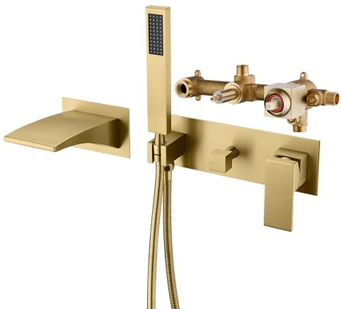 SUMERAIN Wannenarmatur mit Handbrause, Wasserfall-Badewannenarmatur mit Sprüher, gebürstetes goldfarbenes Finish, Rough-in-Ventil enthalten