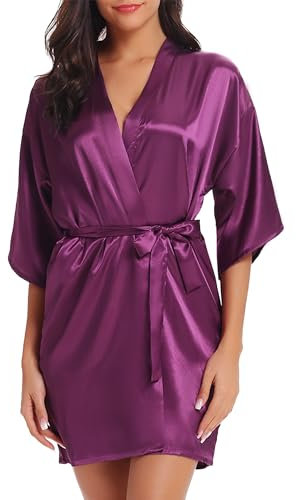 Wikoan Peignoirs Satin Femme Kimono Peignoir de Bain Bridesmaid Robe de Chambre Bride Sortie de Bain Mariage Peignoir Bride avec Ceinture Violet Foncé M