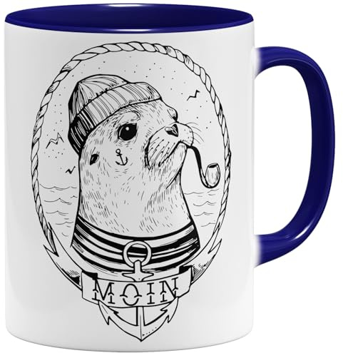 OM3® Moin mit Seehund Kaffee-Tasse nautical seal Robbe & Pfeife - Keramik Becher - 11oz 325ml - Beidseitig Bedruckt - Dunkelblau