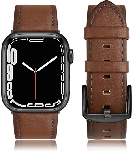 Tuocal Cinturino per Smartwatch in Vera Pelle Compatibile con Cinturino Apple Watch 42 mm 44 mm 45 mm Uomo Donna di Ricambio Cinturino Compatibile con iWatch Serie 7 6 5 4 3 2 1 SE, Marrone