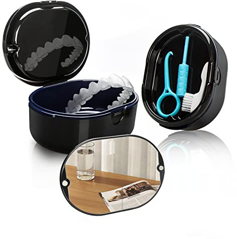 Prothesendose, Zahnprothesen Box mit Filter, Prothesen für die Aufbewahrung und zum Eintauchen Zahnersatz Reinigungsbäder, Zahnspangen Box Prothesendose Zahnspangendose Zahnersatz Dental Box (Schwarz)