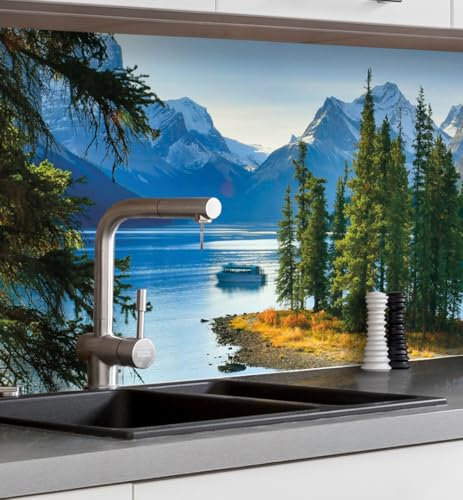 MyMaxxi Küchenrückwand Folie selbstklebend matt - einfache Montage ohne Bohren - Motiv Landschaft 07-60cm hoch - Spritzschutz Küche Klebefolie - Baum Berg See 340 x 60cm