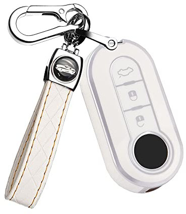 ontto Klapp Autoschlüssel Hülle Fernbedienung Cover Passt für FIAT Lancia 500X 500C Punto Panda Ypsilon Delta Bravo Peugeot Zubehör Silberrand Schutzhülle Schlüsselanhänger TPU Schlüsseletui-Weiß