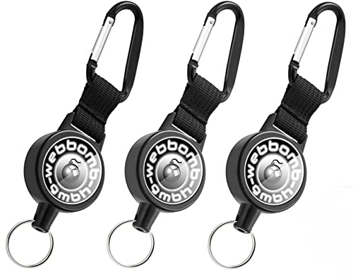 WEBBOMB Schlüsselrolle Jojo 70cm Stahlseil ID-Ausweisrolle ausziehbar Keyholder Band Karabiner-Ausweishalter einziehbarer Schlüsselanhänger Schlüsselband Skipasshalter (3x schwarz mit Logo)