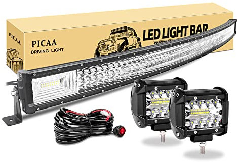 PICAA Led Arbeitsscheinwerfer 52 Zoll 130CM 675W 7D Led Lichtbalken DREI Reihen 12V Gewolbt Led Zusatzscheinwerfer Bar Mit 2PCS 4 Zoll 60W LED Arbeitslicht für SUV Offroad ATV UTV Traktor 4x4 Auto