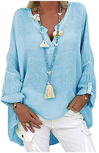 Camicia Fiori Maniche Lunghe Camicia a Maniche con Scollo a V Solid Top Plus Casual Camicetta Lunga da Donna a Colori Camicetta da Donna Allentata Spolverino Chiffon