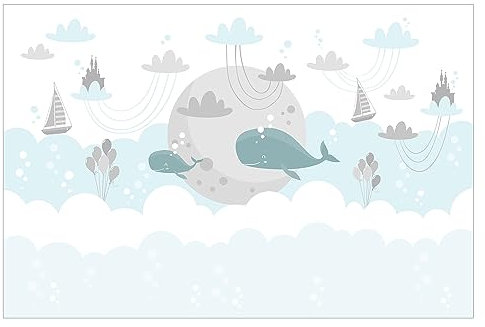 Bilderwelten Fototapete Babyzimmer Wolken mit Wal und Schloss 255x384 cm Vlies-Tapete XXL Smart Wandtapete Wanddekoration Kinder Kinderzimmer