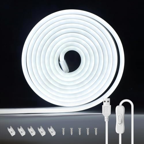 TVLIVE USB Neon LED Strip 2M,Weiß Neon LED Streifen 2M 5V Dimmbare mit Schalter,Wasserdicht Neon LED Band DIY Flexibel,USB LED Lichtband Silikon,Led Leiste für Innen Außen Schlafzimmer Heim Küche Deko