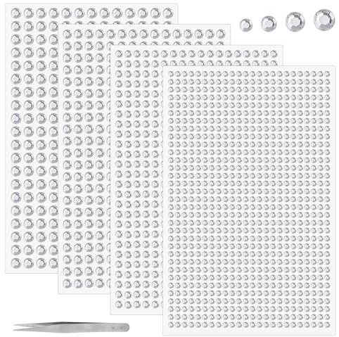 Glitzersteine Selbstklebend,1900 Stück Strasssteine Selbstklebend,3/4/5/6mm Runde Schmucksteine zum Aufkleben Pinzette für Kinder Handwerke (Silver)