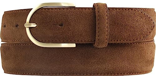 BELTINGER Damen-Gürtel aus Veloursleder 3,5 cm | Velour-Ledergürtel für Damen 35mm | Wildleder-Gürtel mit runder, goldener Gürtelschließe | Tabac 100cm