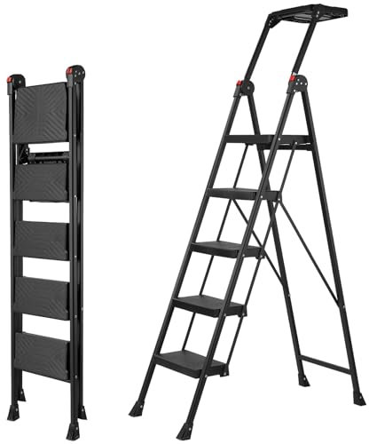 XinSunho Escalera de 5 peldaños, Escalera de Tijera Plegable, 5 peldaños con Bandeja de Herramientas y Pasamanos, Escalera Doméstica hasta 200 KG