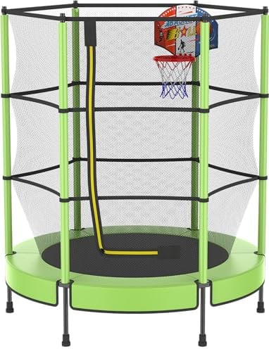 PILIN Kinder Trampolin mit Basketballkorb, 145cm Indoor-Outdoor-Sprungbett mit Federn, erhöhtes Sicherheitsnetz - Geburtstagsspielzeug für Jungen Mädchen, Kinderweihnachtsgeschenk