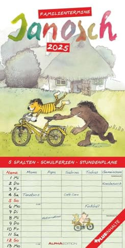 Janosch - Familienplaner 2025 für 5 Personen - Alpha Edition-Verlag - Kalender mit 5 Spalten zum Eintragen - 22 cm x 45 cm