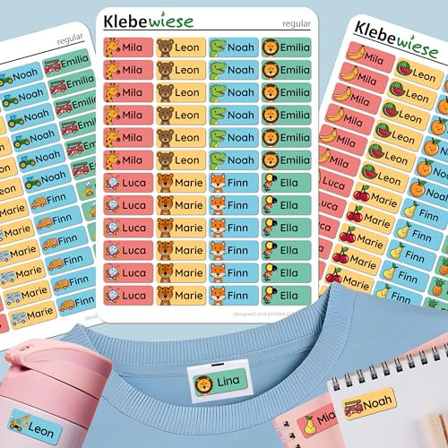 Klebewiese® - Namensaufkleber für Kinder (48 Stück) - Kleidung und Gegenstände - waschmaschinenfest und personalisiert (Farbe: Bunt)