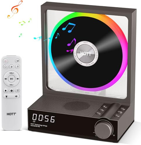 HOTT Lecteur CD portable avec télécommande, Bluetooth 5.3 de bureau avec lumières RVB, lecteur CD portable avec haut-parleurs HiFi, prend en charge la carte TF, la transcription, l'écran LED,