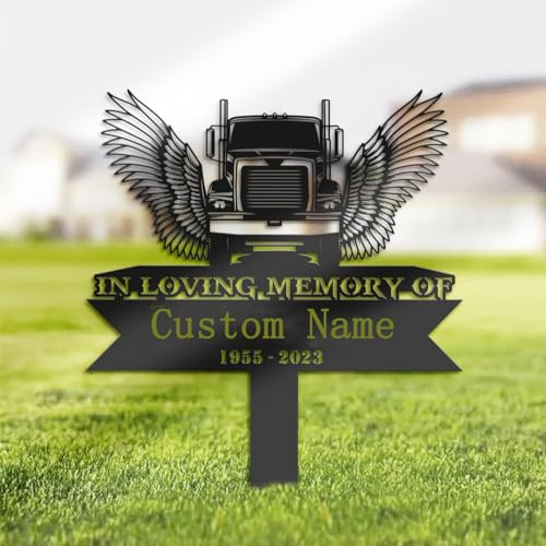 HDBMHDBM Custom Semi Truck Trucker Truck Driver Memorial Metal Sign,Personalized Memorial Stake,Metal Garden Stake,Geometric Metal Stake,Outdoor Sign,Sympathy Gift,Garden Yard Lawn Cemetery Decor