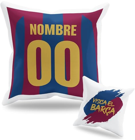 Cojín Personalizado Fútbol - Diseño Doble Cara con Relleno Incluido - Regalo Original Aficionados del Fútbol - Regalo Camiseta Equipo Fútbol - Apto para Lavadora (Barcelona, 50 x 50 cm)