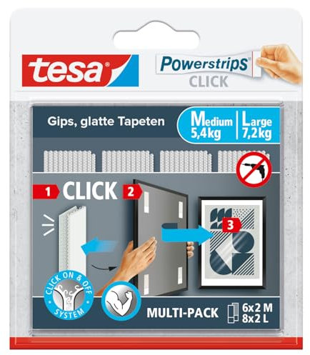 tesa Powerstrips CLICK - Ganci Adesivi per Appendere Cornici e Decorazioni da Parete Senza Forature - Strisce Autoadesive con Sistema di Aggancio e Sgancio ON e OFF - 6 x 2 M, 8 x 2 L