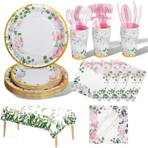 Nkaiso Set Di Piatti e Tovaglioli Fiori Per Feste 141 Pezzi, Piatti Di Carta Fiori e Bicchieri, Piatti Per Baby Shower, Stoviglie Per Feste Di Compleanno Per Matrimoni Compleanno- 20 Ospiti